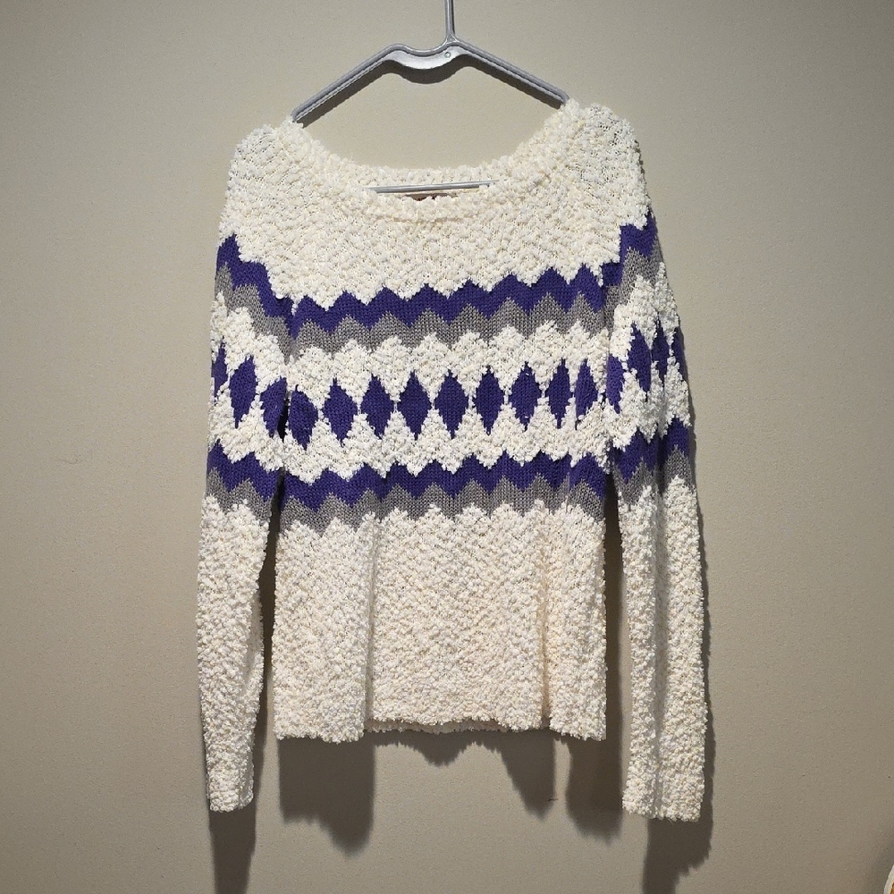 Arizona Jean Company Cream and Purple Crew Neck Sweater - Picture 1 of 5